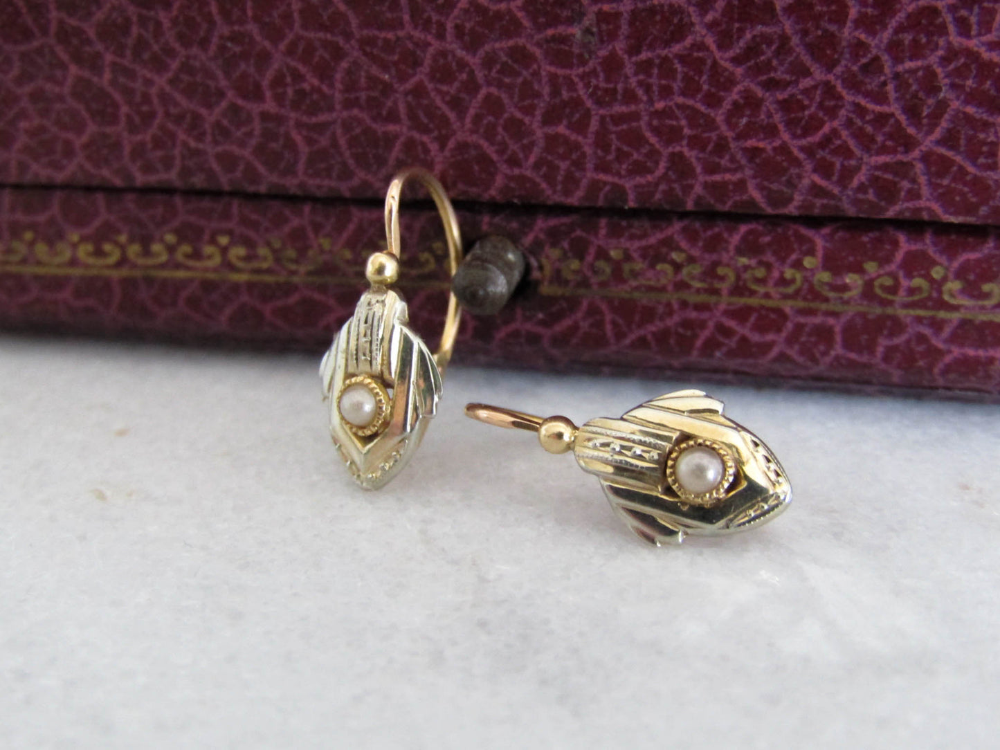 18k Art Deco White and Yellow Gold Bi-Color Sleeper Earrings, Antique French Drop Earrings