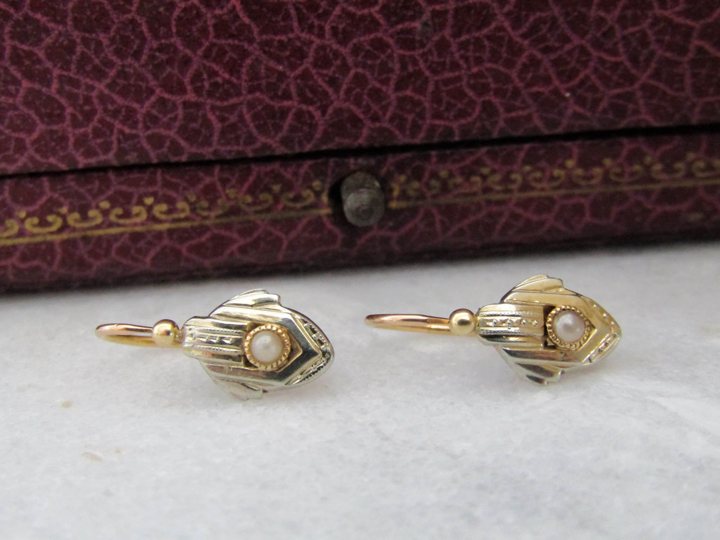 18k Art Deco White and Yellow Gold Bi-Color Sleeper Earrings, Antique French Drop Earrings