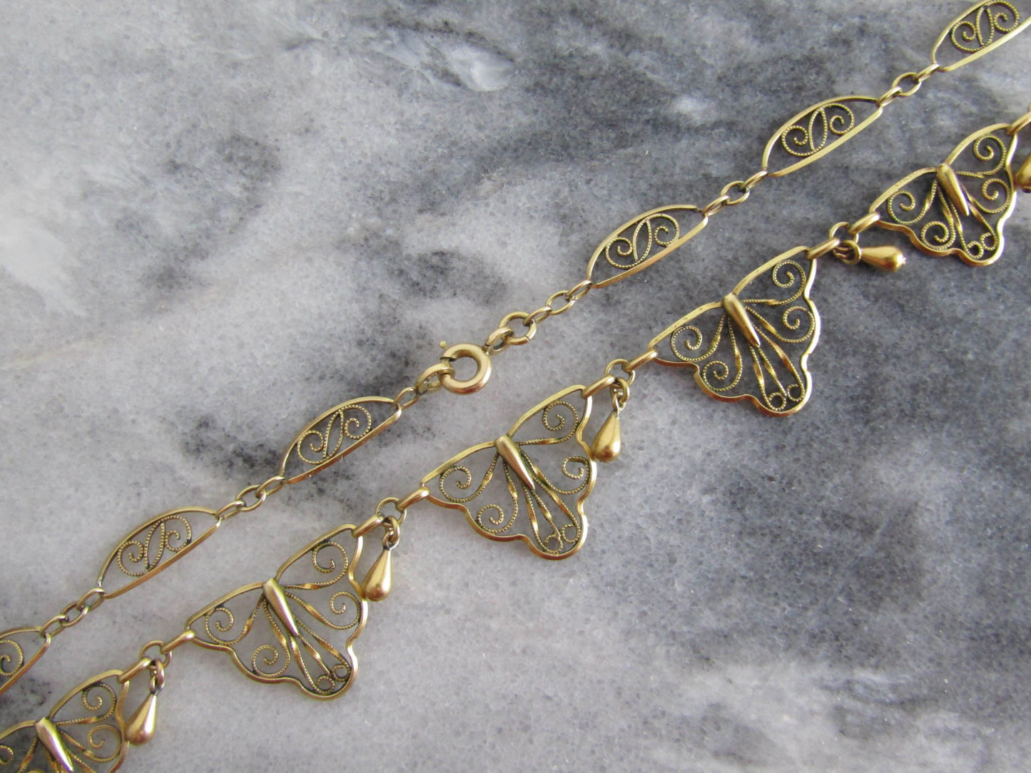 Antique Gold Filled Art Nouveau Drapery Necklace, Vintage French Filigree Necklace