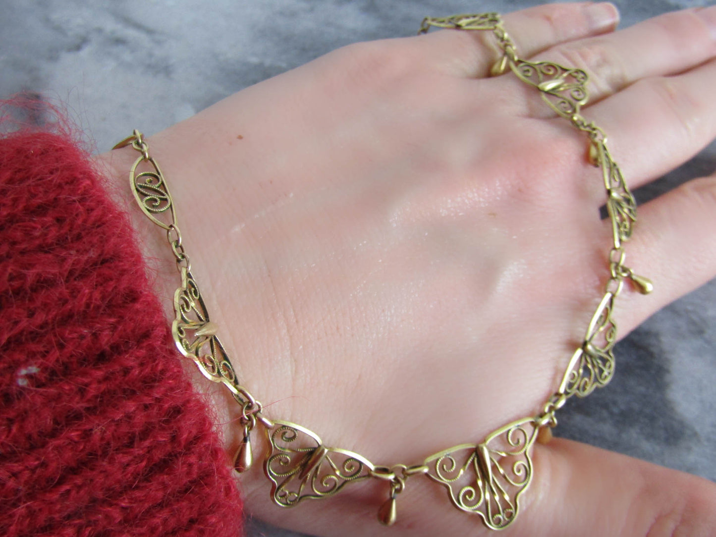 Antique Gold Filled Art Nouveau Drapery Necklace, Vintage French Filigree Necklace