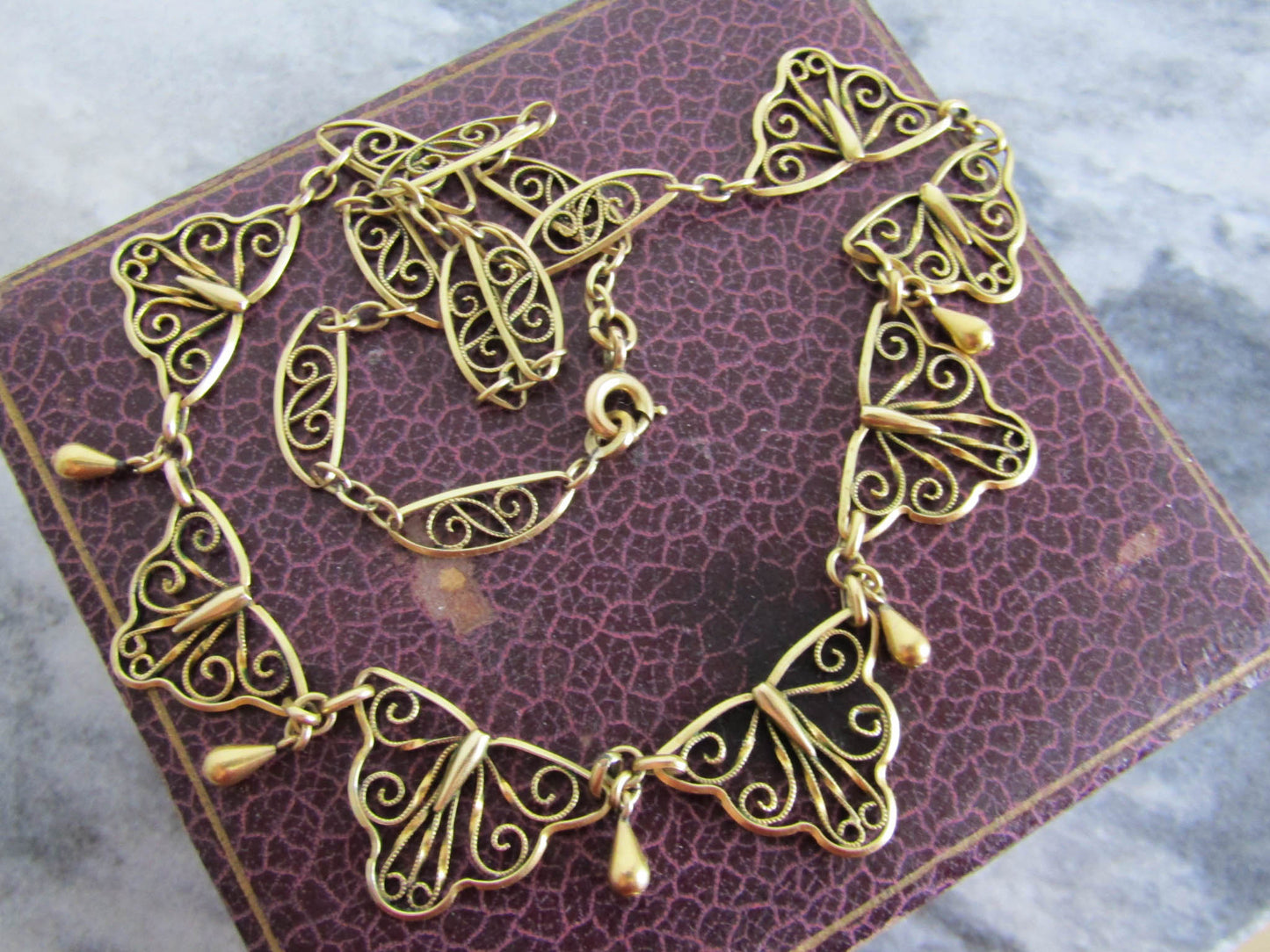 Antique Gold Filled Art Nouveau Drapery Necklace, Vintage French Filigree Necklace