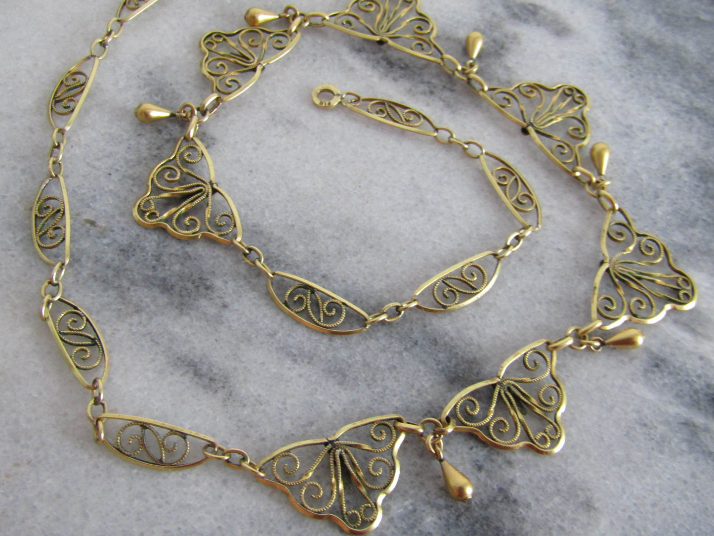 Antique Gold Filled Art Nouveau Drapery Necklace, Vintage French Filigree Necklace