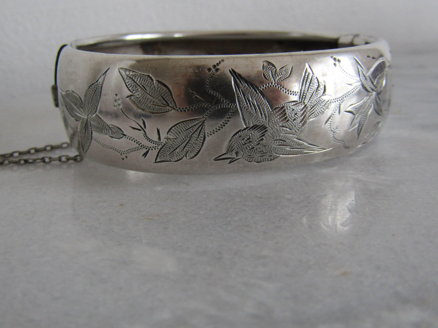 Victorian Silver Bird Bangle, Antique French Bird Hinged Bracelet with box clasp