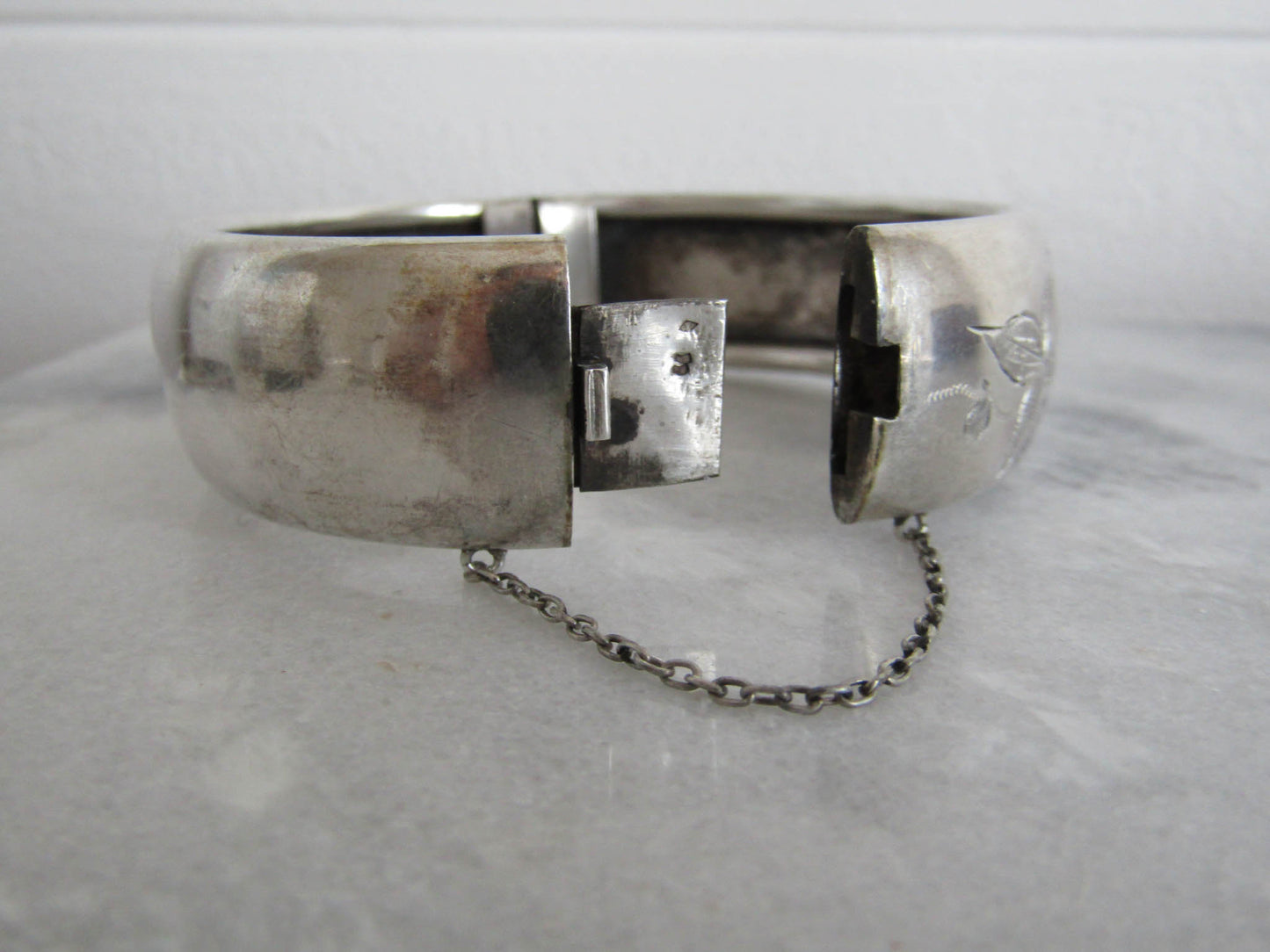 Victorian Silver Bird Bangle, Antique French Bird Hinged Bracelet with box clasp