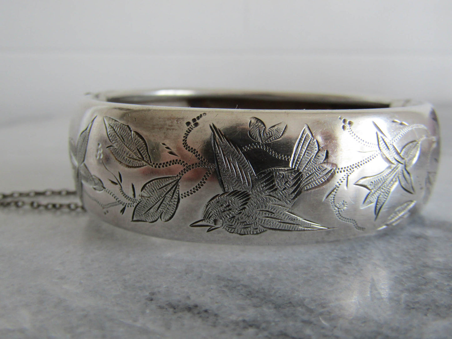 Victorian Silver Bird Bangle, Antique French Bird Hinged Bracelet with box clasp