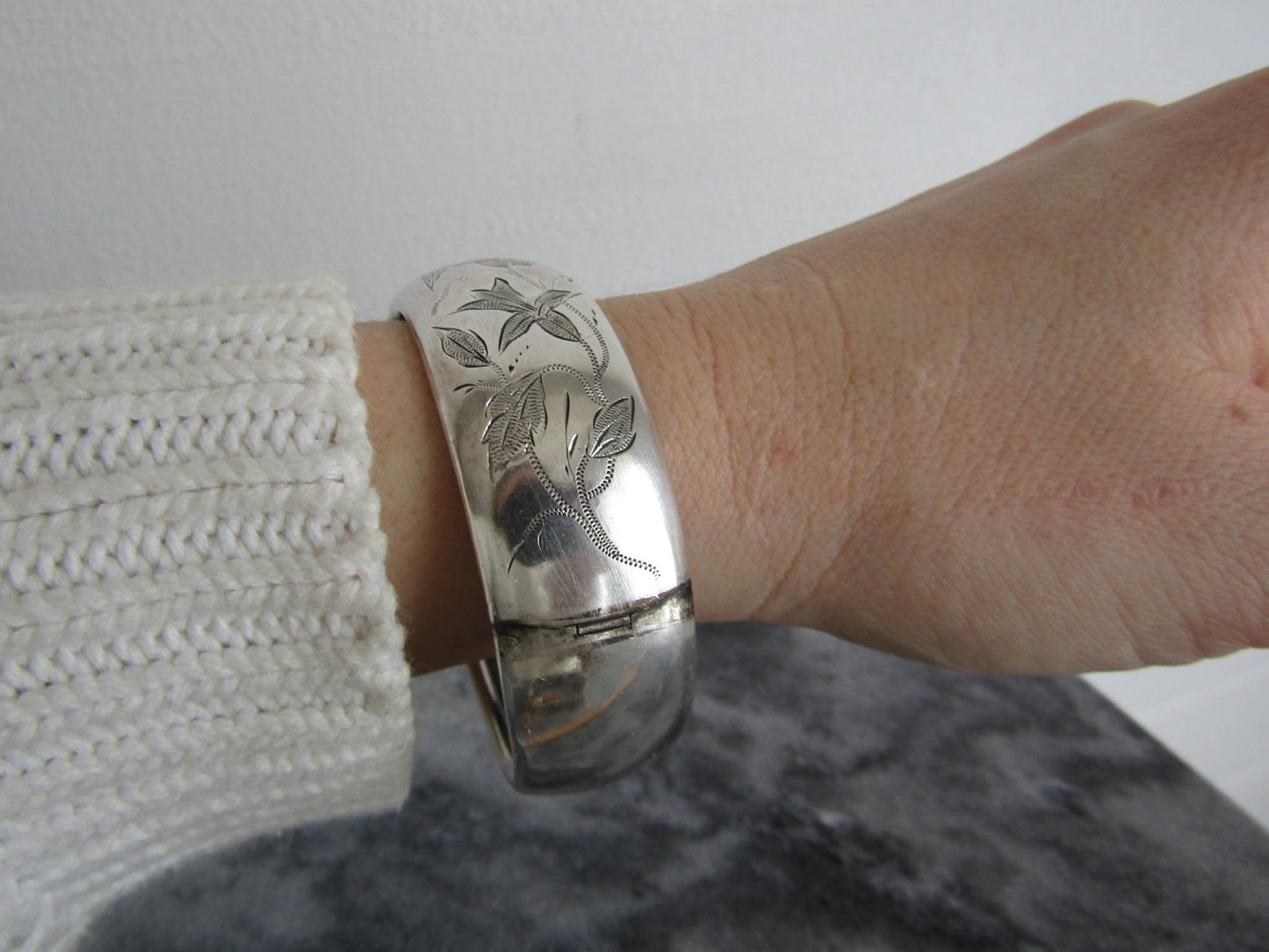 Victorian Silver Bird Bangle, Antique French Bird Hinged Bracelet with box clasp