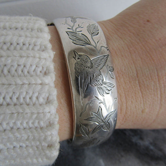 Victorian Silver Bird Bangle, Antique French Bird Hinged Bracelet with box clasp