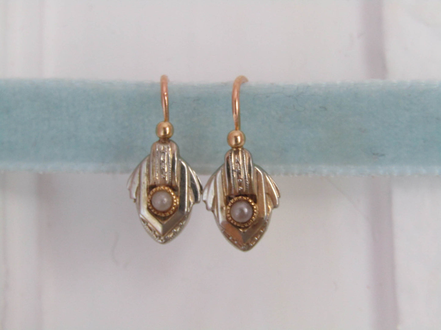 18k Art Deco White and Yellow Gold Bi-Color Sleeper Earrings, Antique French Drop Earrings