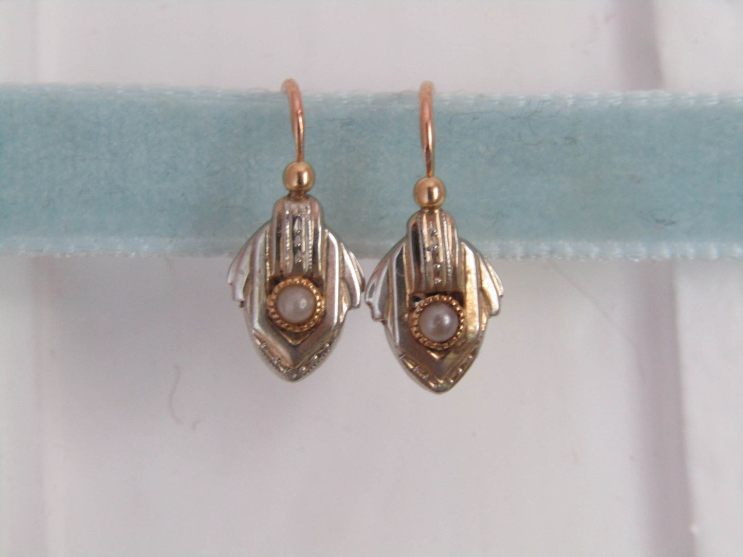 18k Art Deco White and Yellow Gold Bi-Color Sleeper Earrings, Antique French Drop Earrings