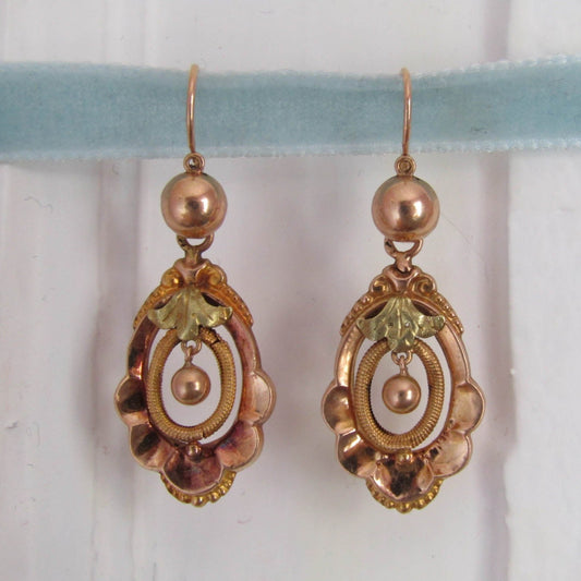 18k Victorian 3 in 1 Day & Night Earrings, Rose and Green Gold Detachable Drop Pendant Earrings, Dangle Earrings, French Bridal Earrings