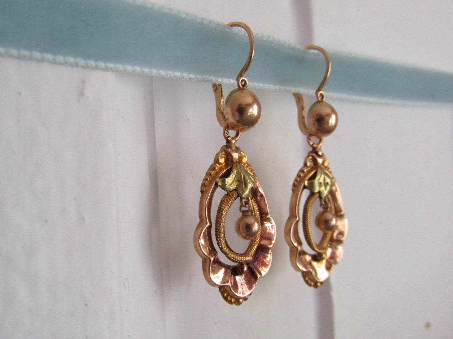 18k Victorian 3 in 1 Day & Night Earrings, Rose and Green Gold Detachable Drop Pendant Earrings, Dangle Earrings, French Bridal Earrings