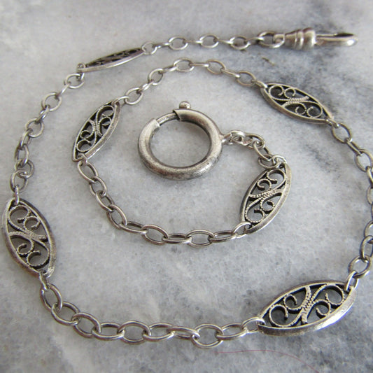 Antique Silver Victorian Watch Chain, French Filigree Chain for Bracelet or Choker Necklace