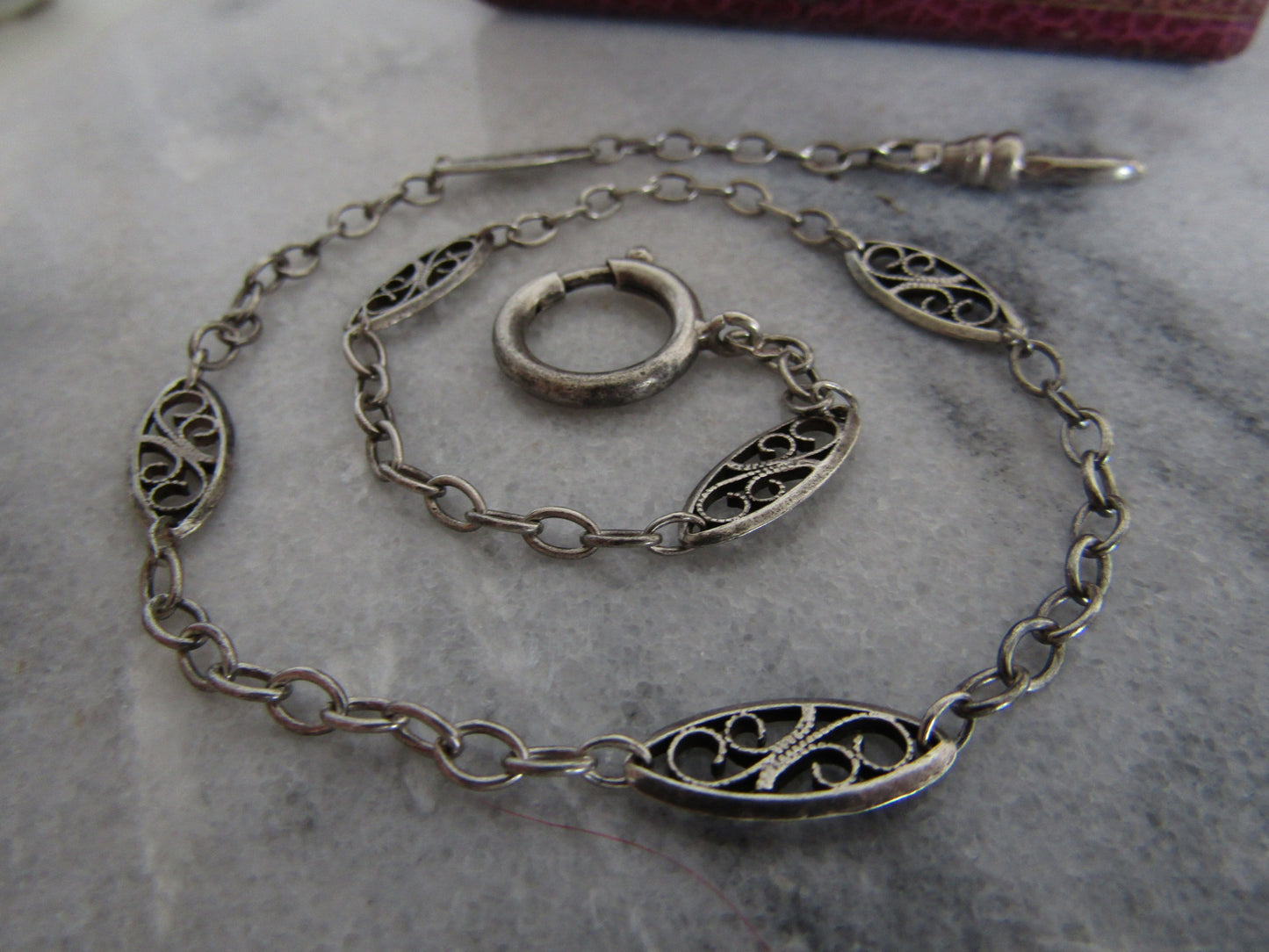 Antique Silver Victorian Watch Chain, French Filigree Chain for Bracelet or Choker Necklace