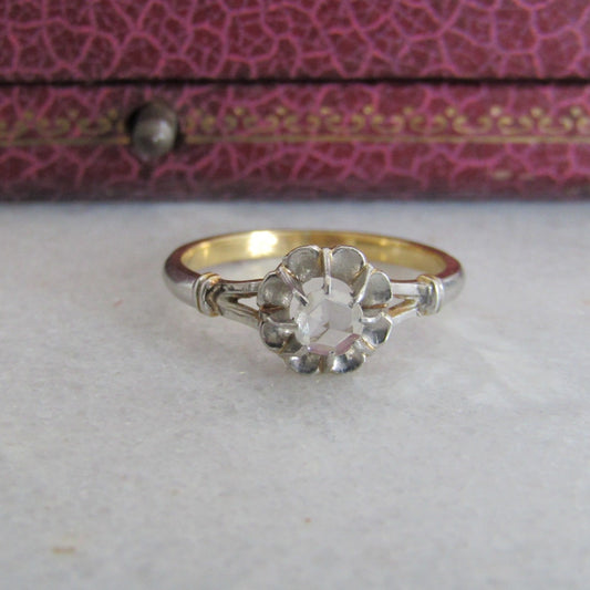18k Rose Cut Diamond Solitaire Engagement Ring, Antique French Bi-Color Ring c. 1910