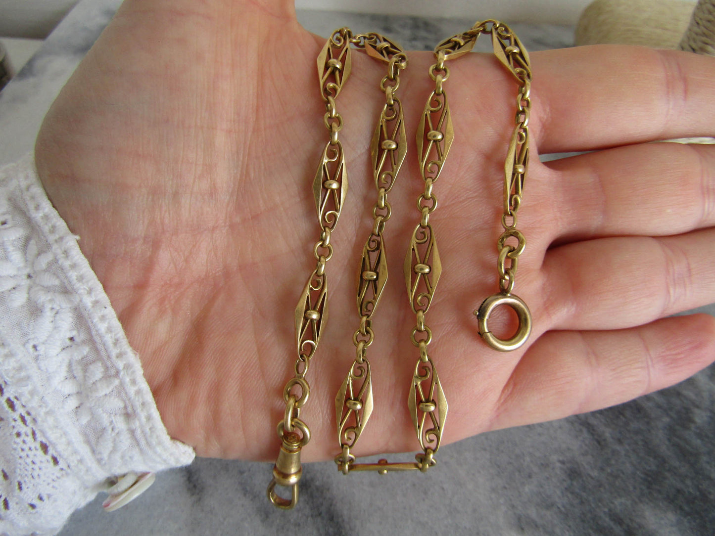 RESERVED| " 18k Victorian Watch Chain Necklace, Antique French Belle Epoque Gold Chain, Gift for her, Something Old (20.3 g)