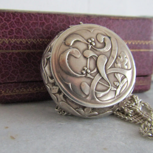 Antique Silver Powder Box Pendant, Vintage French Silver Mistletoe Art Nouveau Locket