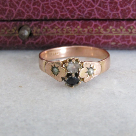 Antique Gold Filled Victorian Ring, XIX Ring with Sapphire and Diamond Paste Stones