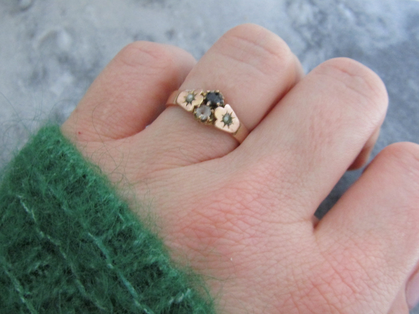 Antique Gold Filled Victorian Ring, XIX Ring with Sapphire and Diamond Paste Stones