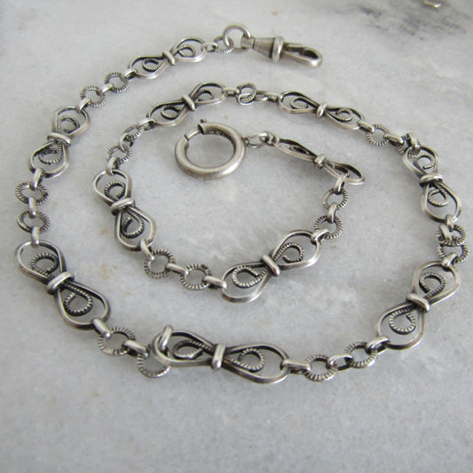 Antique French Silver Watch Chain, Vintage French Silver Filigree Necklace