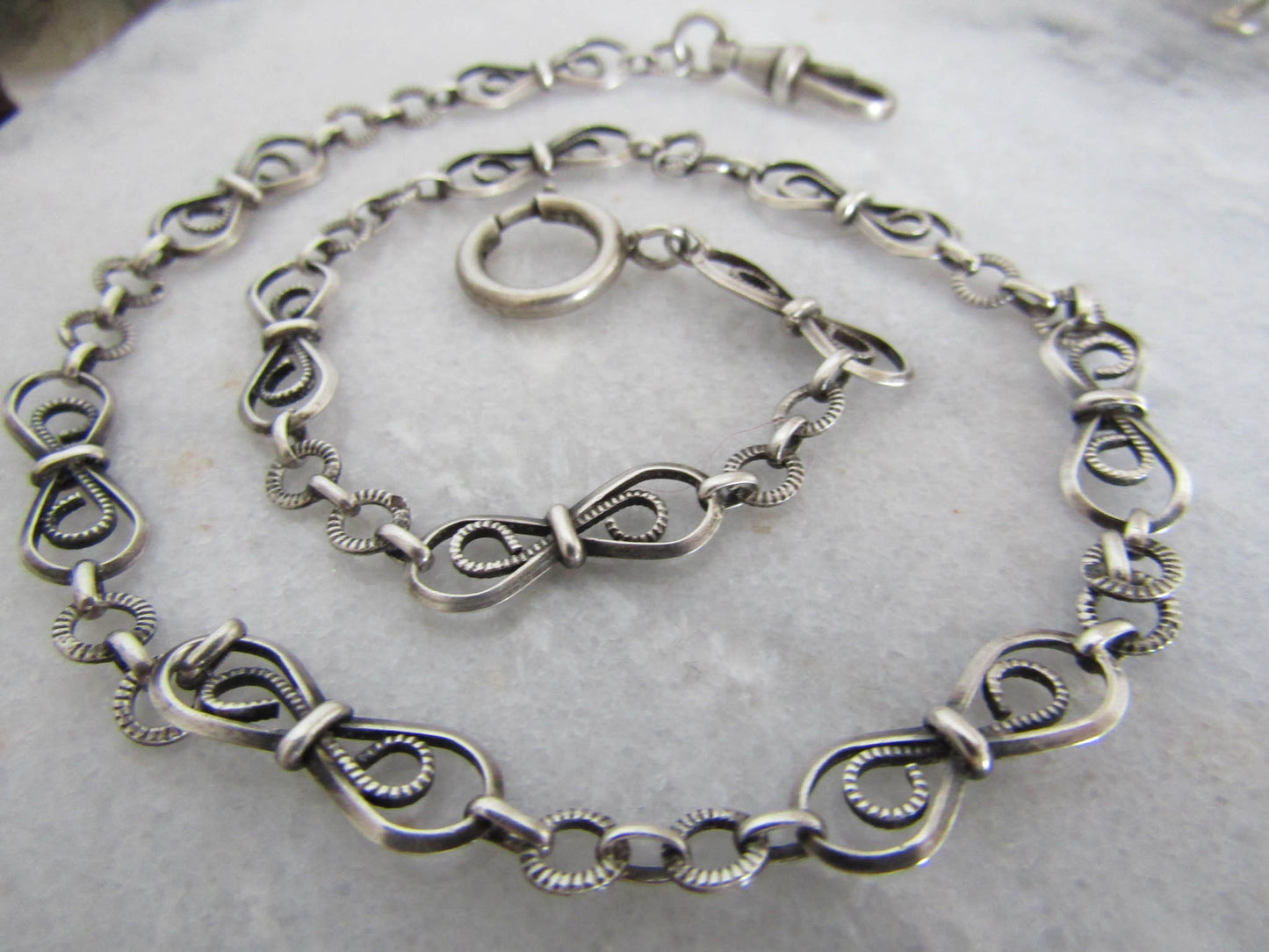 Antique French Silver Watch Chain, Vintage French Silver Filigree Necklace