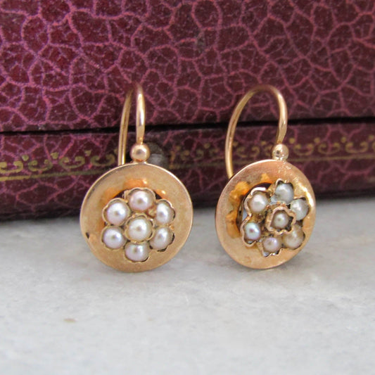 Antique 18k Pearl Cluster Earrings, Antique French Pearl and Gold Floral Earrings c. 1900