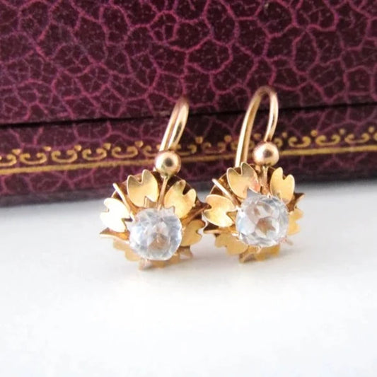 Victorian 14K Rose Gold Dormeuse Sleeper Earrings with Old Mine Cut Rock Crystal