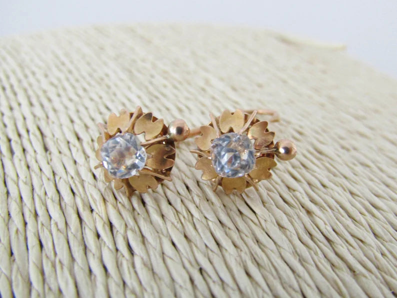 Victorian 14K Rose Gold Dormeuse Sleeper Earrings with Old Mine Cut Rock Crystal