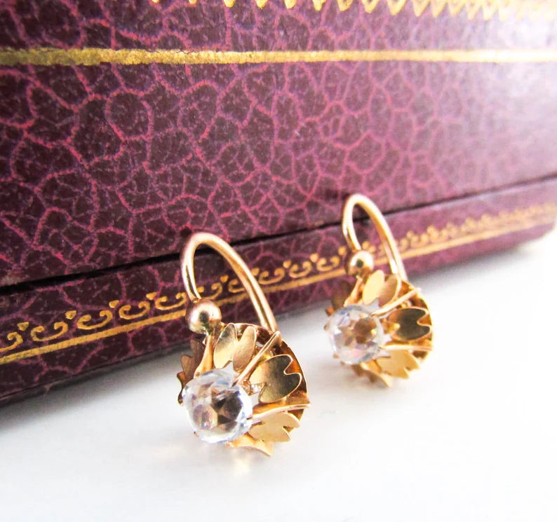 Victorian 14K Rose Gold Dormeuse Sleeper Earrings with Old Mine Cut Rock Crystal