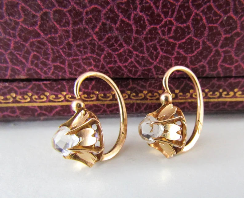 Victorian 14K Rose Gold Dormeuse Sleeper Earrings with Old Mine Cut Rock Crystal