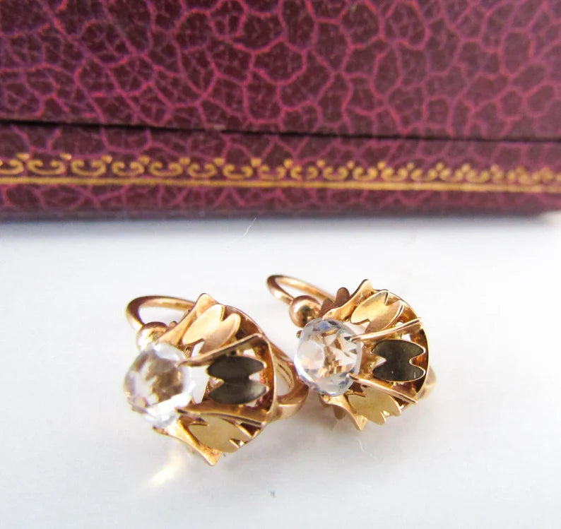 Victorian 14K Rose Gold Dormeuse Sleeper Earrings with Old Mine Cut Rock Crystal