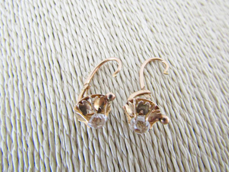 Victorian 14K Rose Gold Dormeuse Sleeper Earrings with Old Mine Cut Rock Crystal