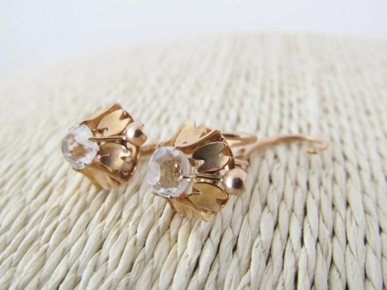 Victorian 14K Rose Gold Dormeuse Sleeper Earrings with Old Mine Cut Rock Crystal