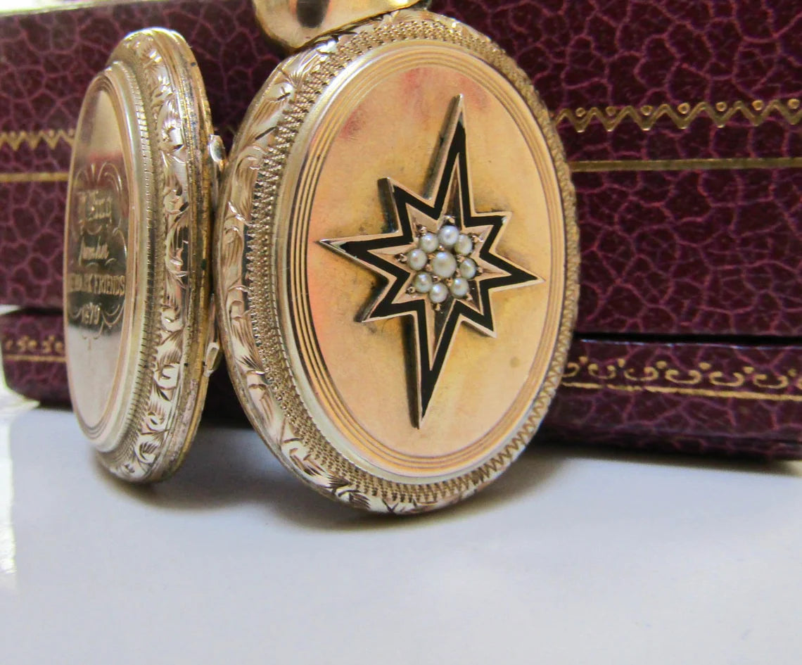 Victorian Vermeil Locket with Starburst, Seed Pearls, and Enamel design