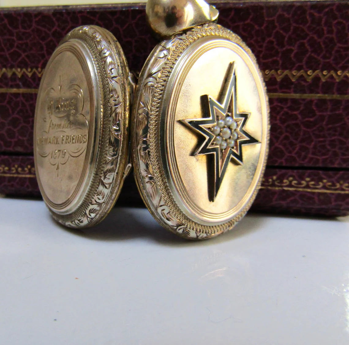 Victorian Vermeil Locket with Starburst, Seed Pearls, and Enamel design