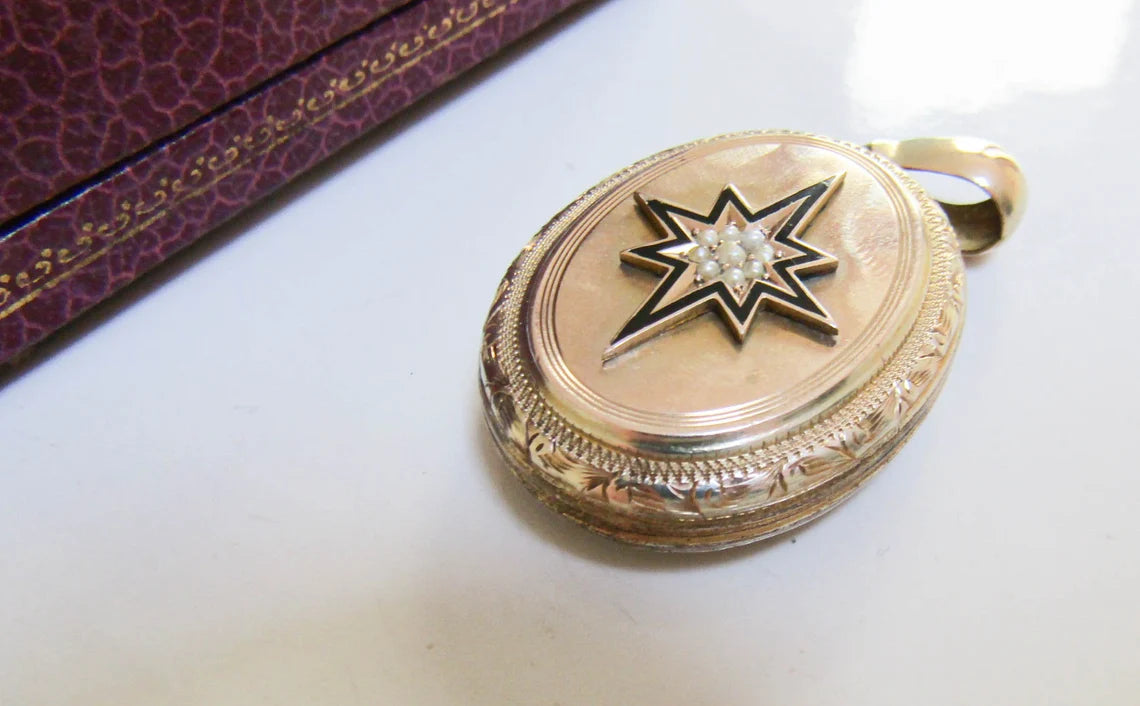 Victorian Vermeil Locket with Starburst, Seed Pearls, and Enamel design