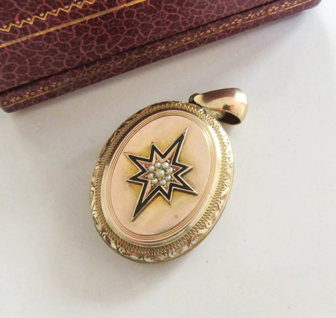 Victorian Vermeil Locket with Starburst, Seed Pearls, and Enamel design