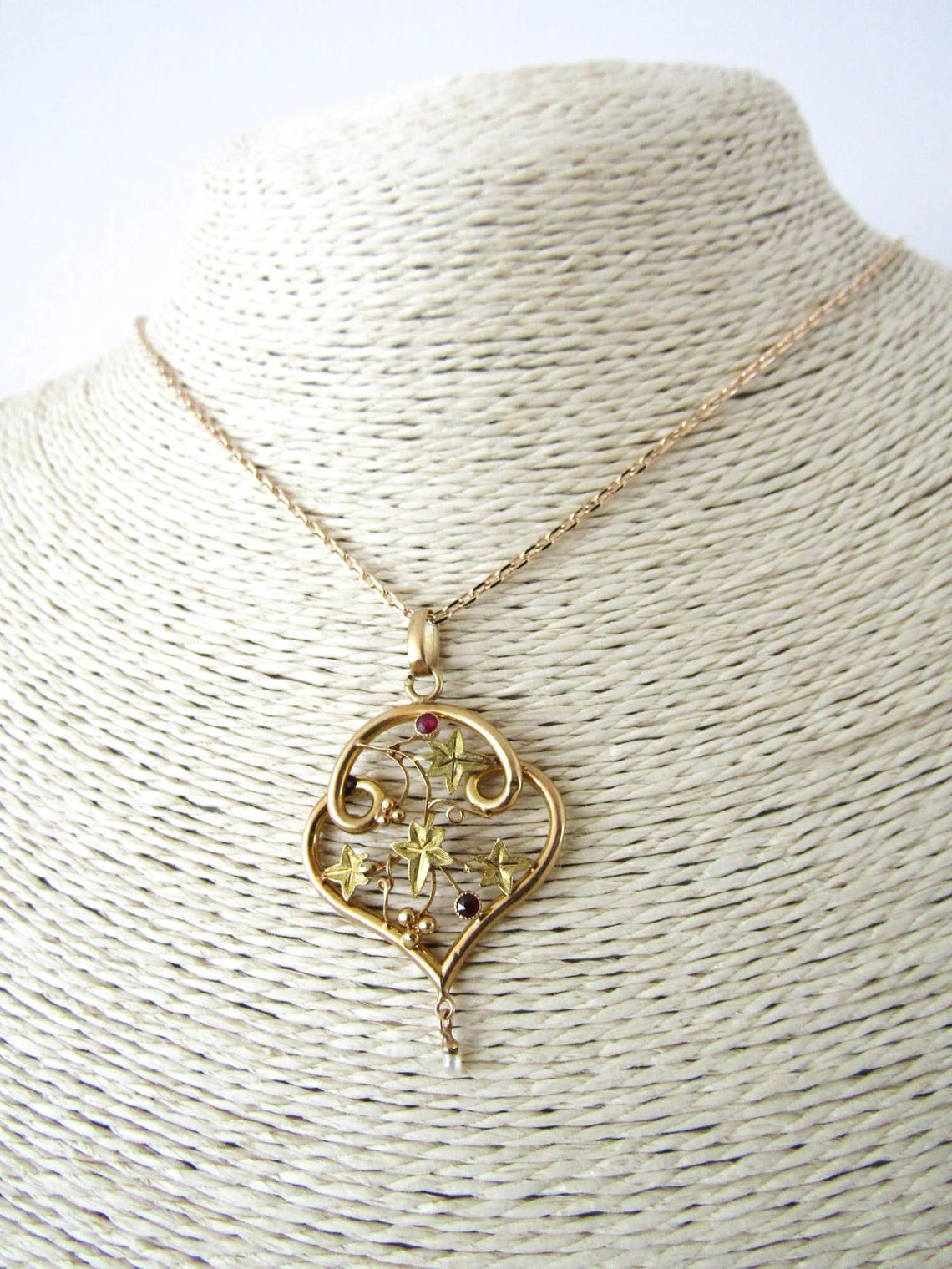 Art Nouveau 18K and Ruby Vine Pendant