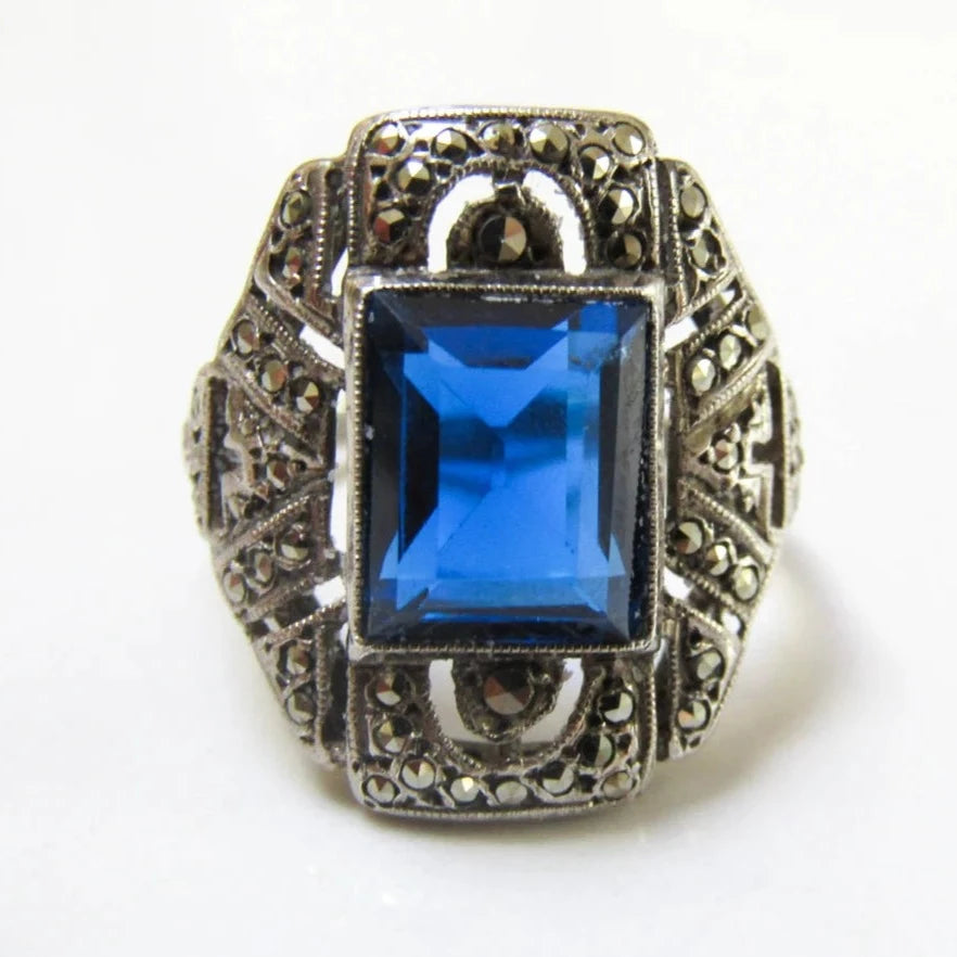 Art Deco Statement Silver Ring with Large Blue Stone and Marcasites, Antique French Cocktail Ring