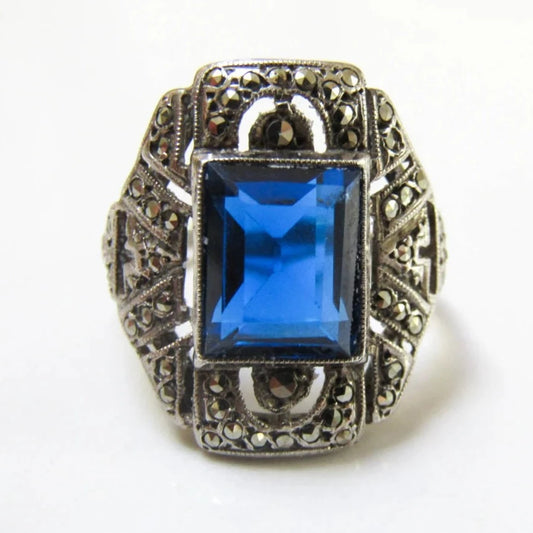 Art Deco Statement Silver Ring with Large Blue Stone and Marcasites, Antique French Cocktail Ring