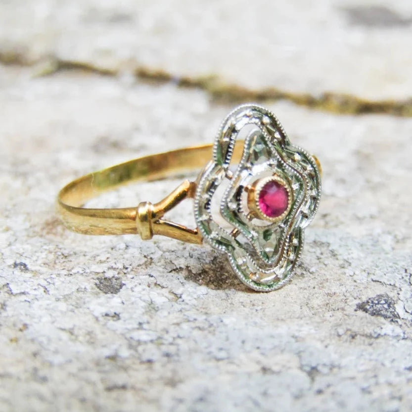 Antique French 18K white and yellow gold ring with ruby