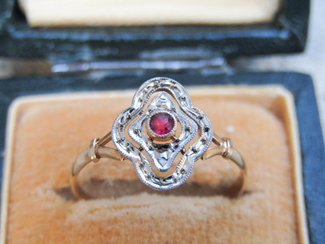 Antique French 18K white and yellow gold ring with ruby