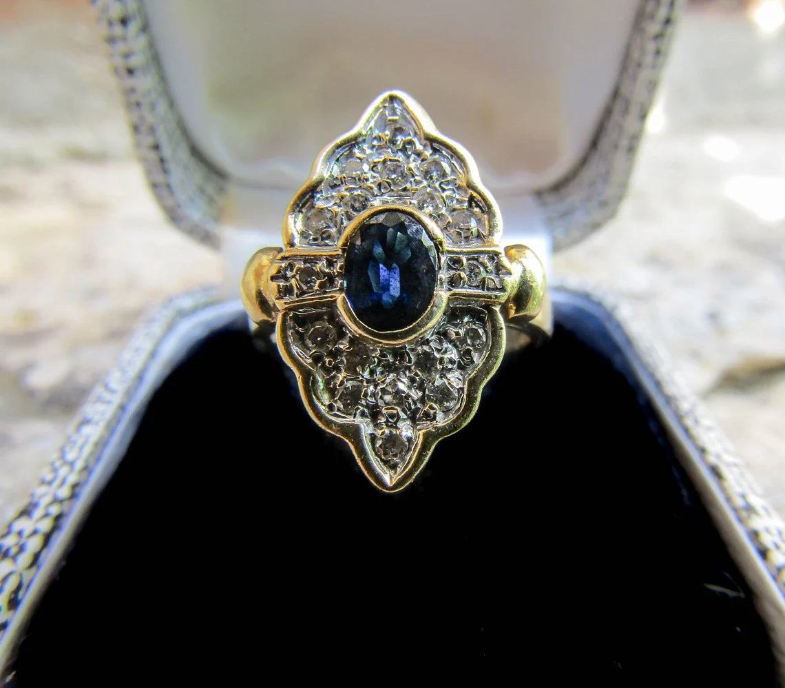 Antique Art Deco 18K Sapphire and Diamond Marquise Ring