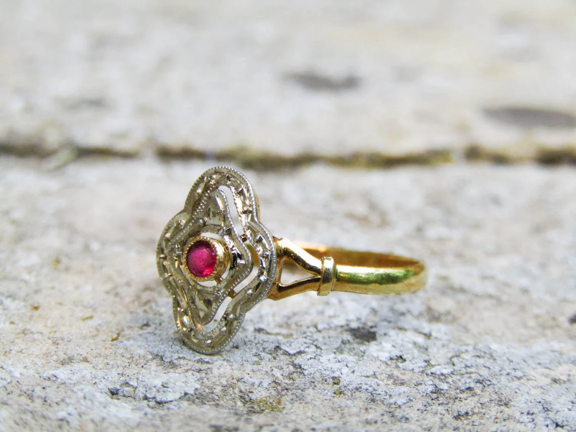 Antique French 18K white and yellow gold ring with ruby