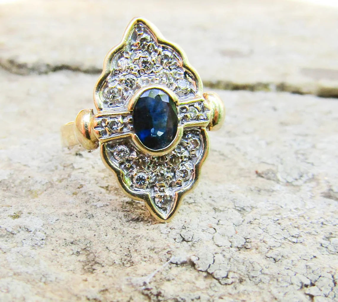 Antique Art Deco 18K Sapphire and Diamond Marquise Ring