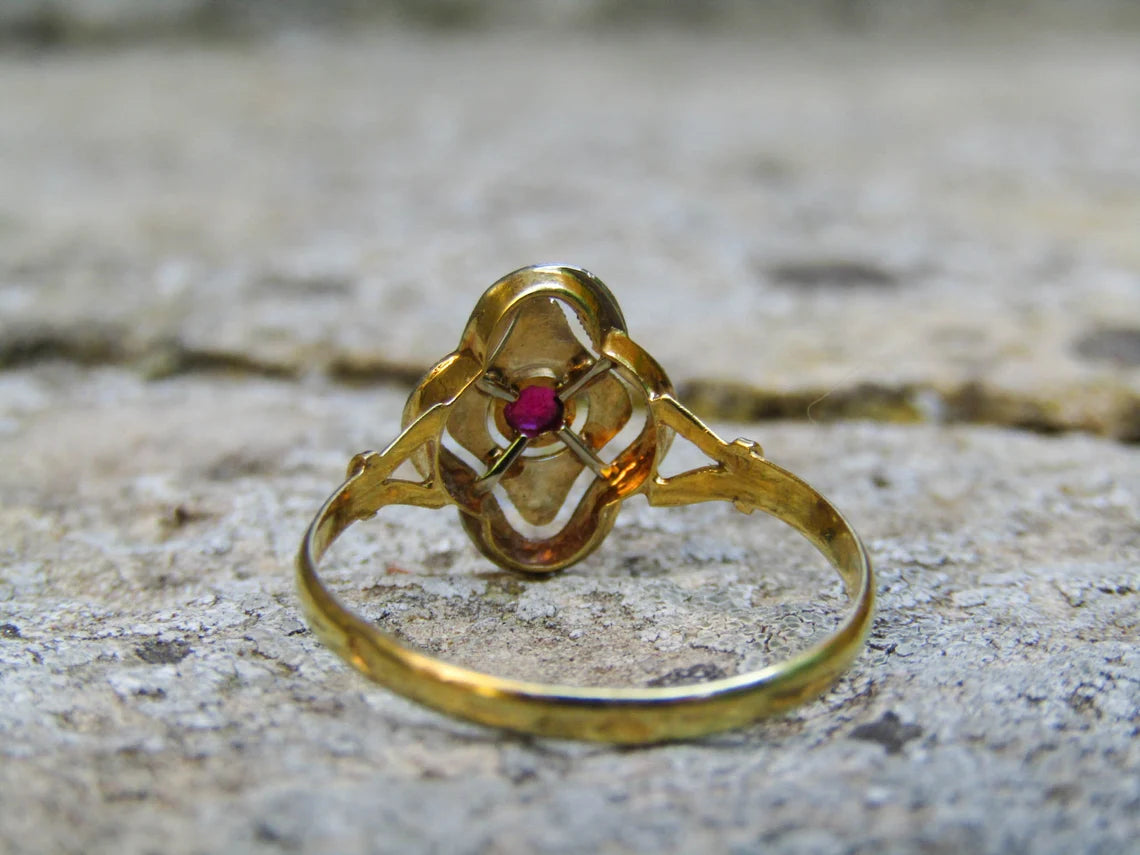 Antique French 18K white and yellow gold ring with ruby