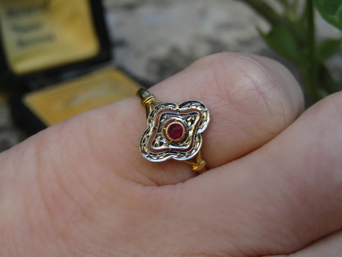 Antique French 18K white and yellow gold ring with ruby