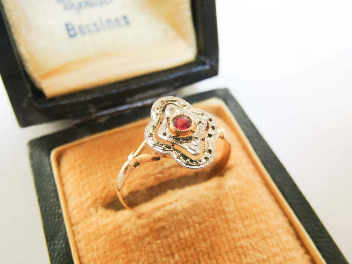 Antique French 18K white and yellow gold ring with ruby